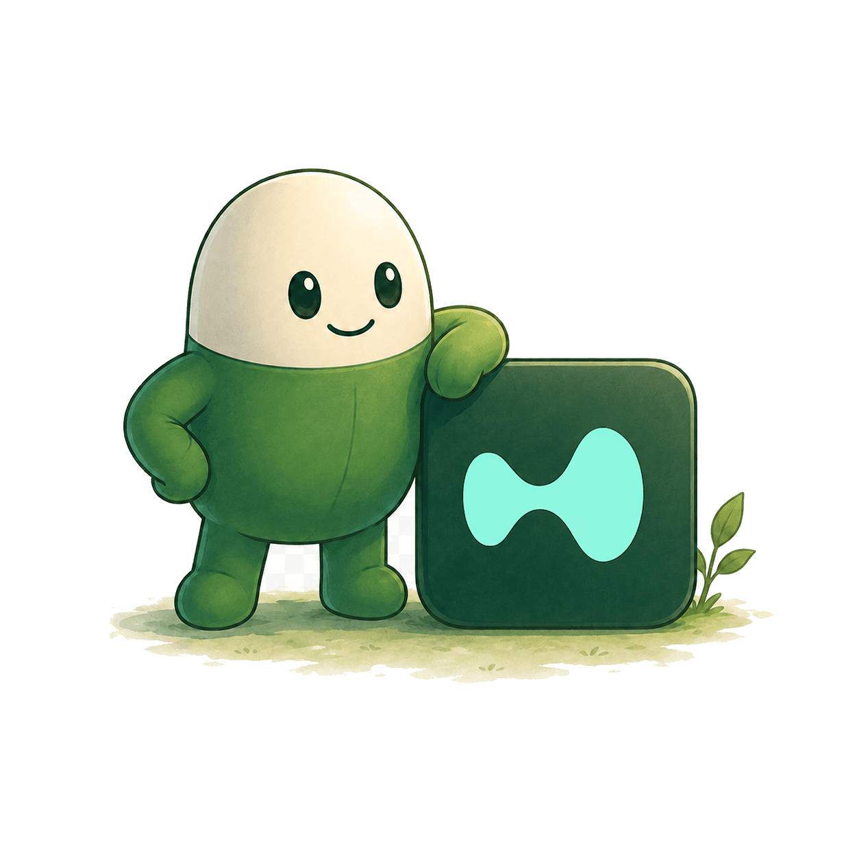 Green mascot leaning on a block with the Hyperliquid mark.