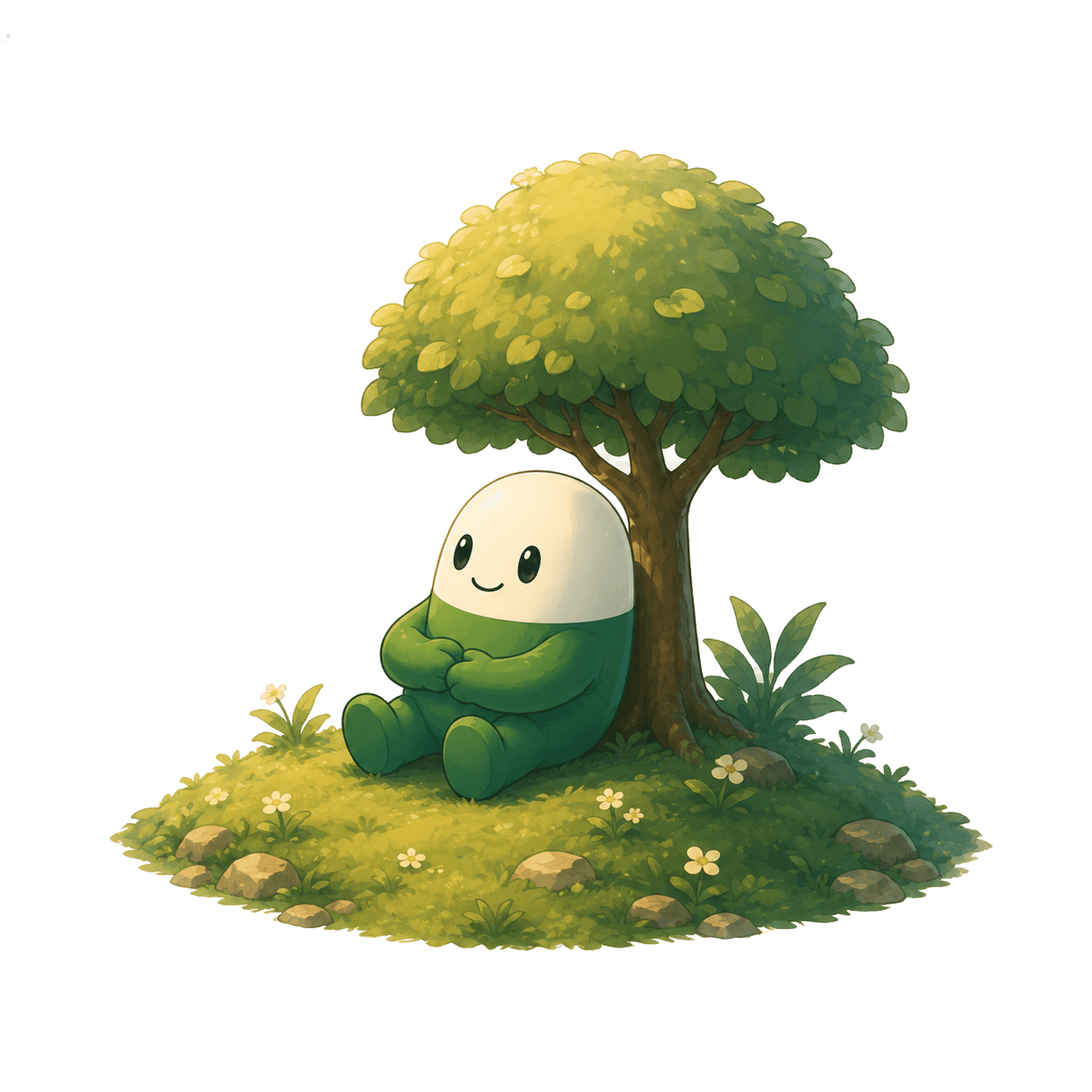 Green mascot resting under a tree.
