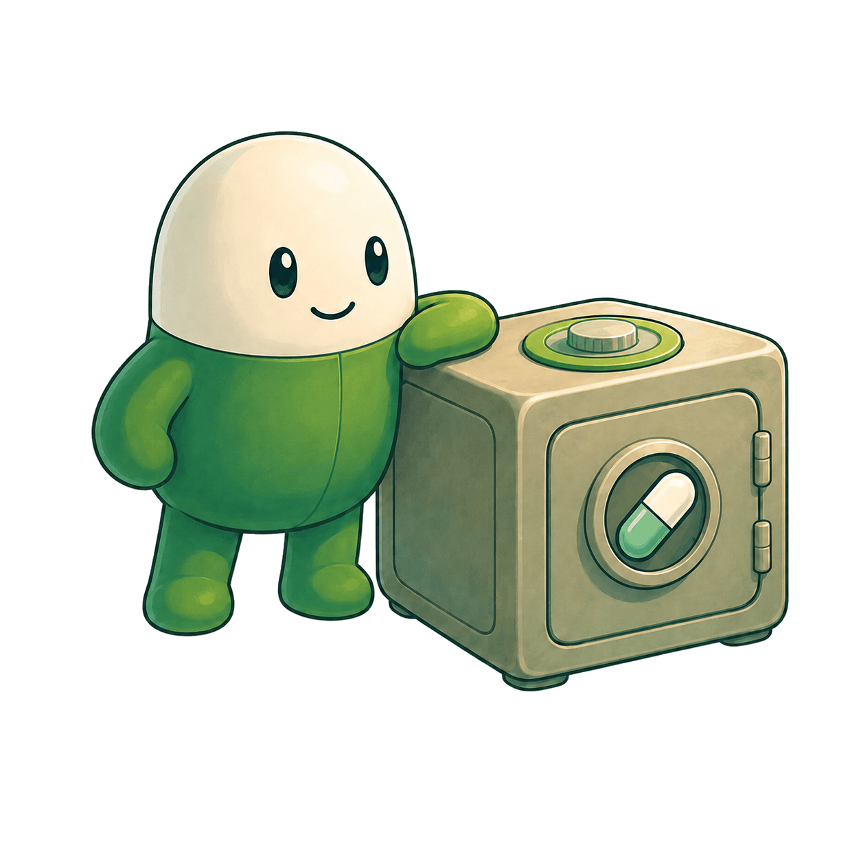 Green mascot leaning on a treasury safe with a pill emblem.