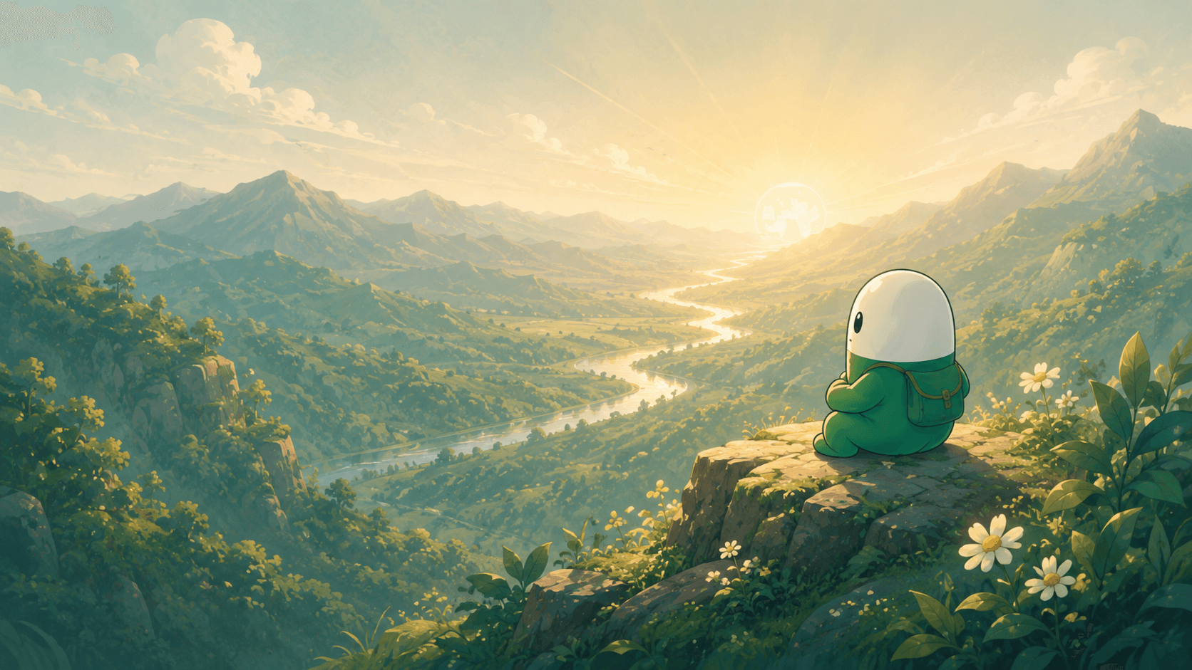 The green explorer sits with a backpack on a ledge, gazing over a golden sunrise valley.