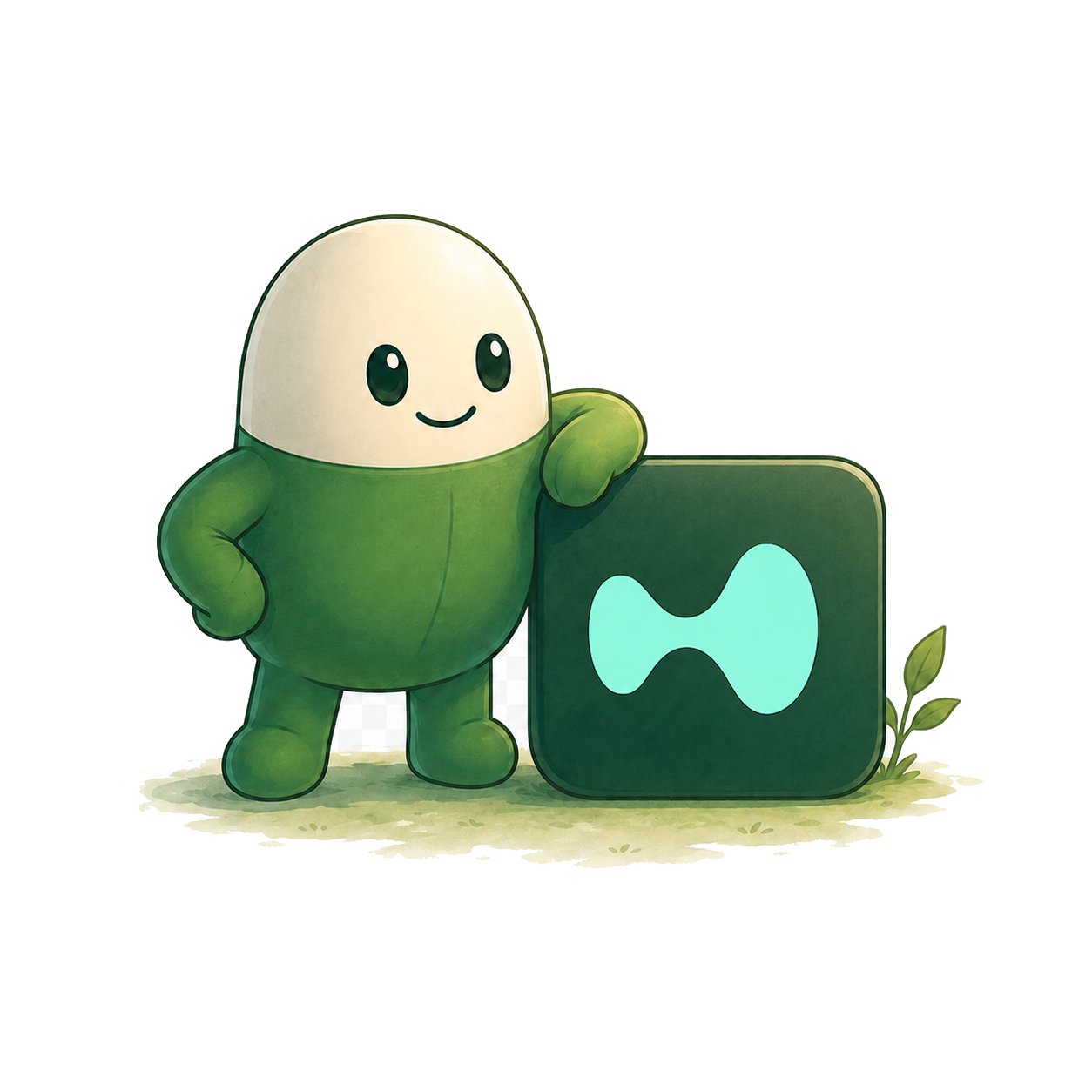 Green mascot leaning on a block with the Hyperliquid mark.