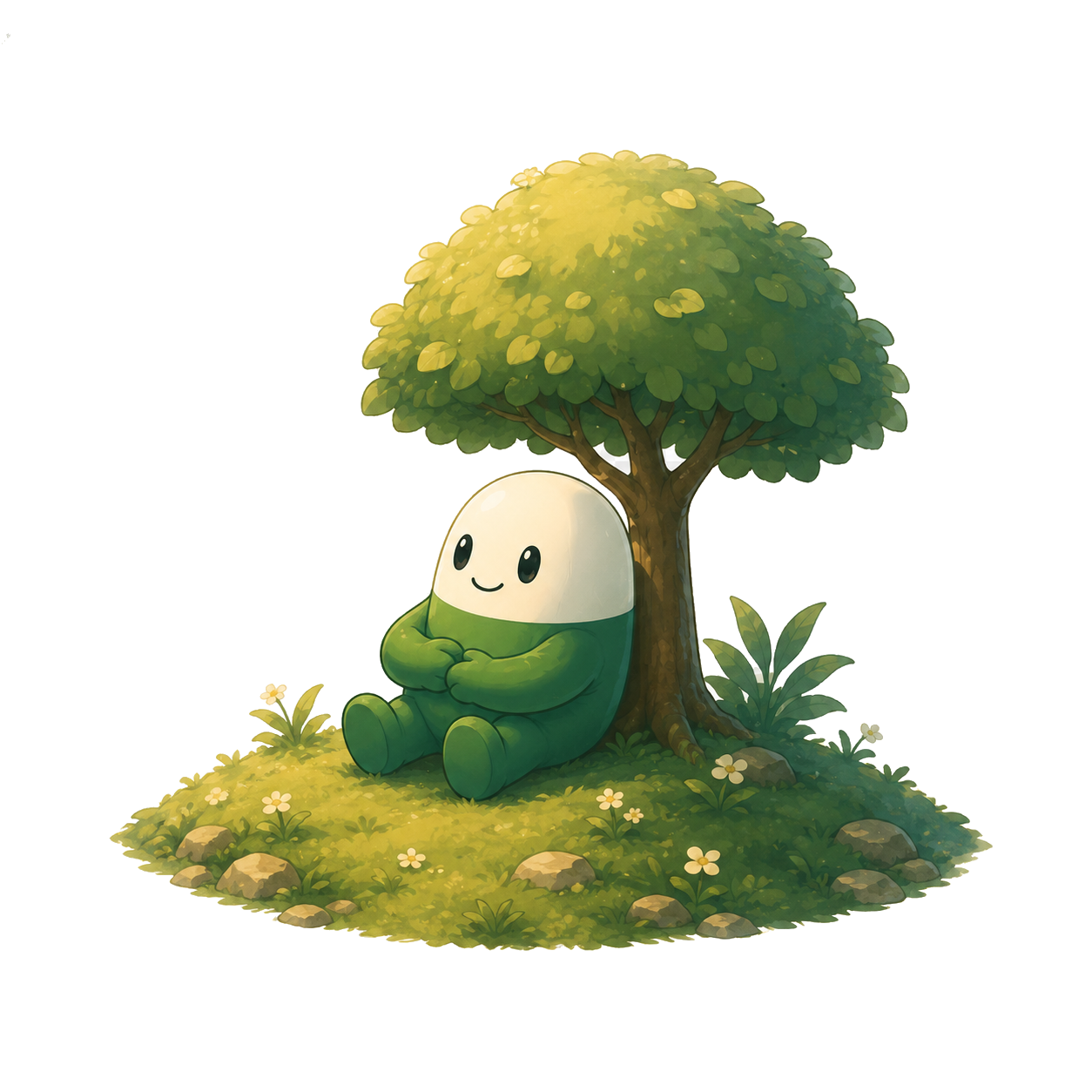 Green mascot resting under a tree.