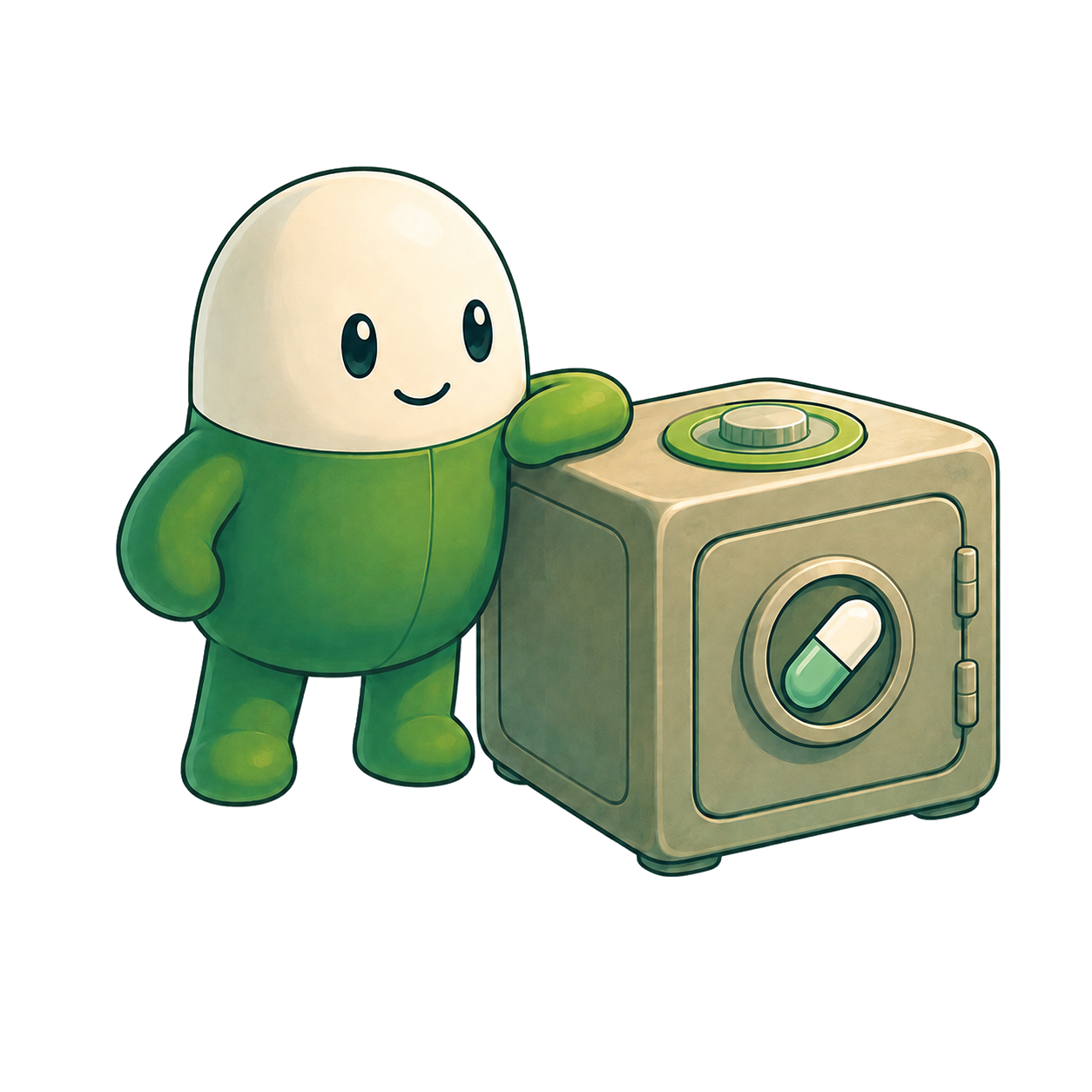 Green mascot leaning on a treasury safe with a pill emblem.